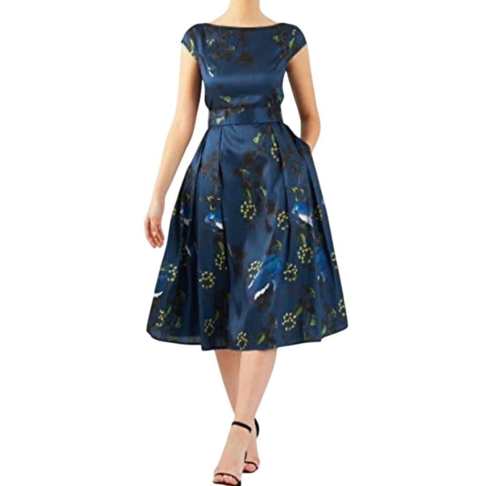 Eshakti Women's Blue Satin Bird Print Fit & Flare Midi Dress Size XS-2